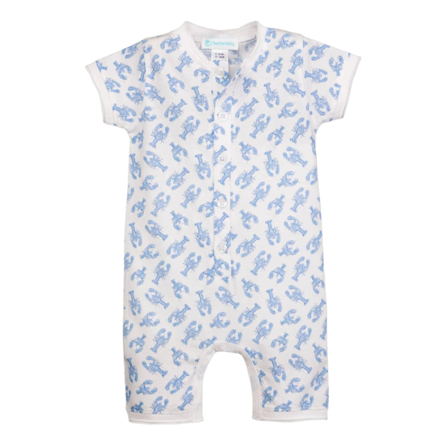 Baby romper with blue lobsters pattern on a white background