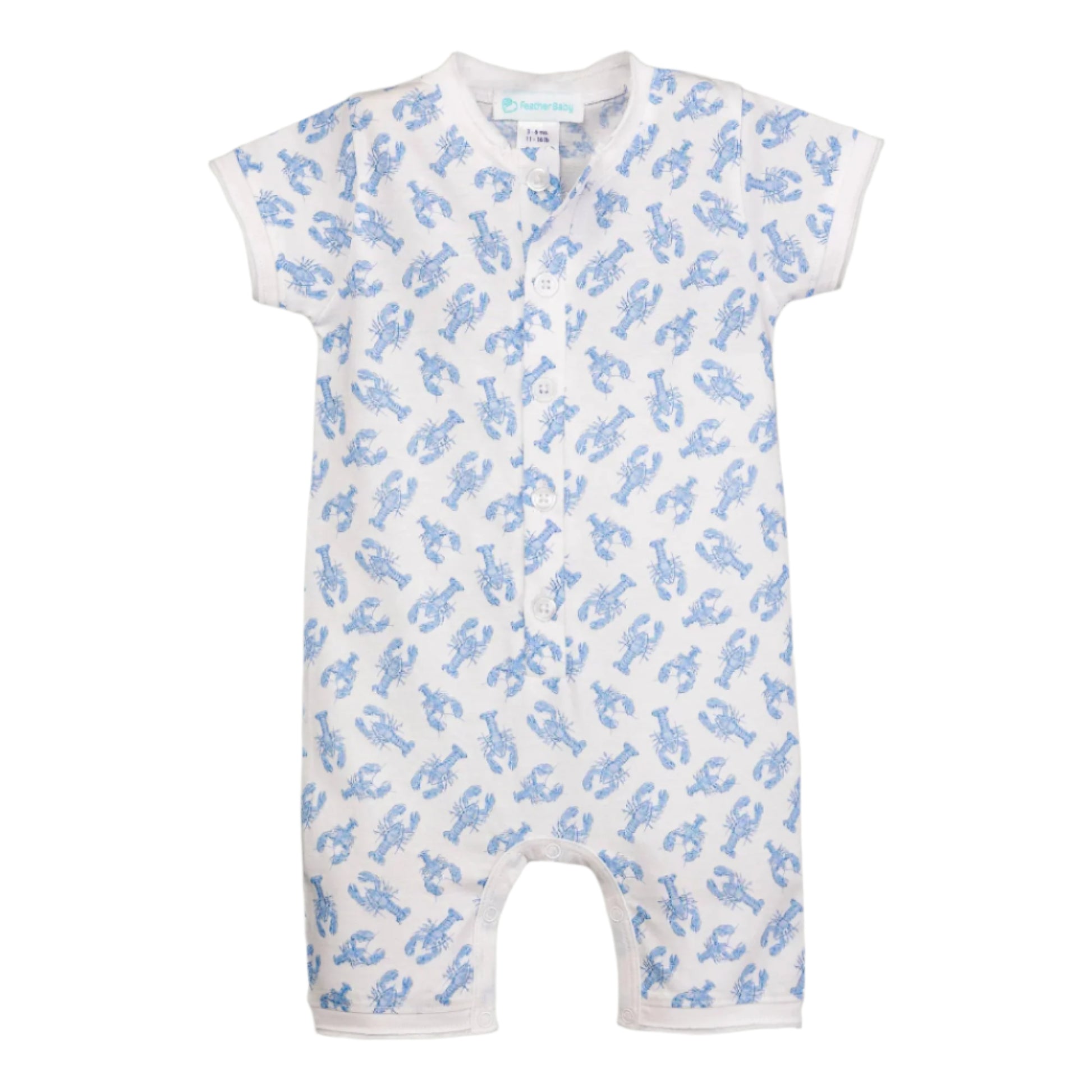 Baby romper with blue lobsters pattern on a white background