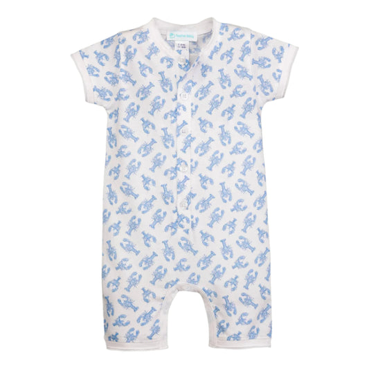 Baby romper with blue lobsters pattern on a white background