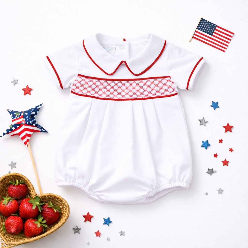 Red and White Essentials Smocked Short Sleeve Unisex Bubble Magnolia Baby